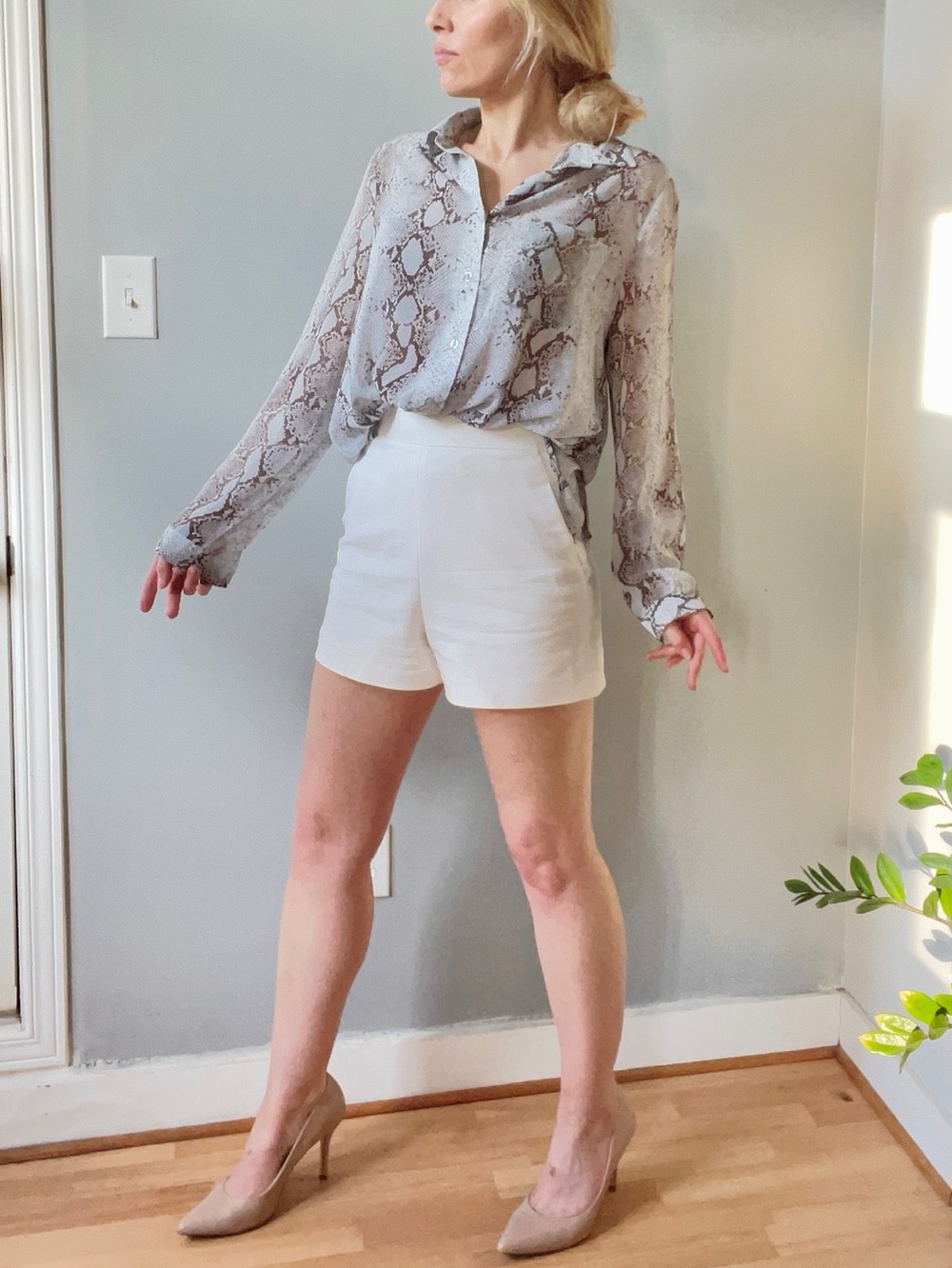 Snake Print sheer Button-Up Blouse in pale Creamy grey and Brown